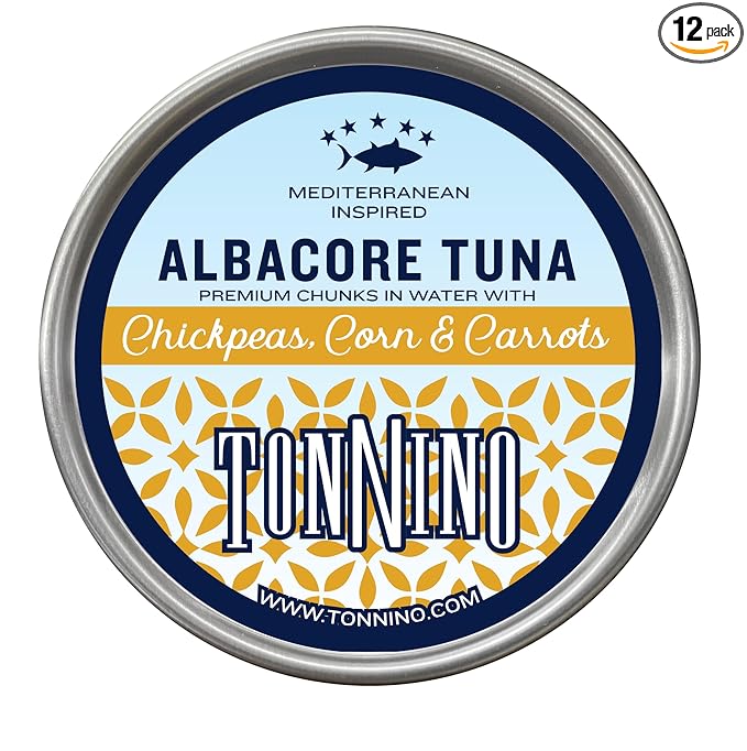 Tonnino Tuna Fish Albacore - Premium chunk in water with Chickpeas, Corn & Carrots - Pack of 12 ??Alternative to Salmon ??Protein Snacks ??Ready to Eat Meals in Can
