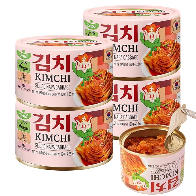 DELIEF Sliced Spicy Kimchi - Authentic Korean Napa Cabbage, Vegan, Gluten-Free, Shelf-Stable Canned, No Preservatives, 5.64 oz/160 g (4 Packs)