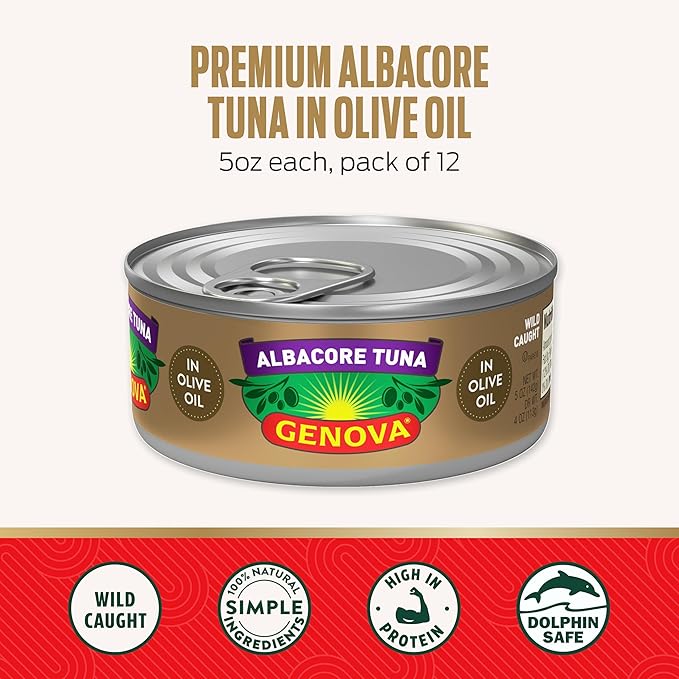 Genova Premium Albacore Tuna in Olive Oil, 5 Ounce Cans (Pack of 12), Wild Caught Canned Tuna, Solid White
