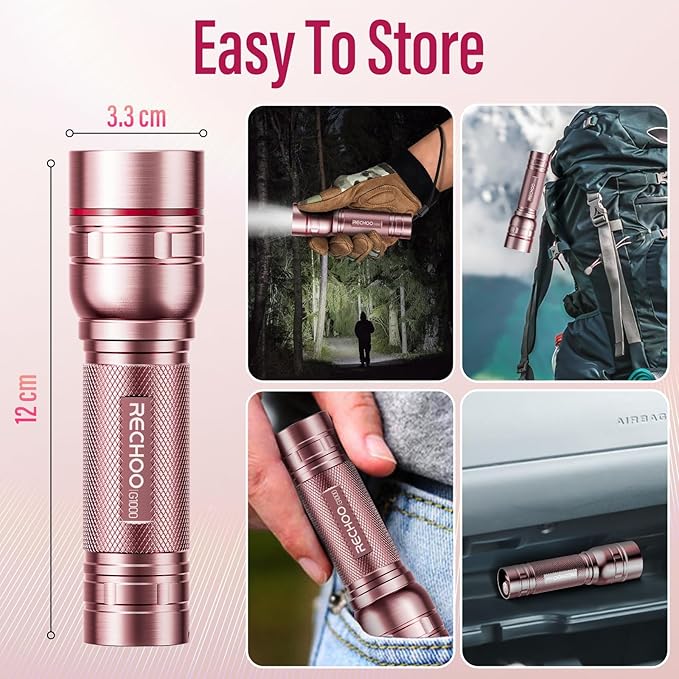Rechargeable Flashlights High Lumens, G1000 Super Bright Flash Light Pink, Small Zoomable LED Flashlight with 3 Lighting Modes, Portable Tactical Flashlight for Camping Essentials, Gift for Women
