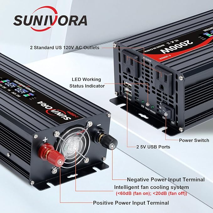 2000 Watt Inverter with LCD Display 12V DC to 110V/120V AC 60HZ Car Power Inverter with 2 AC Outlets & Dual USB Ports for Car RV Truck Camping