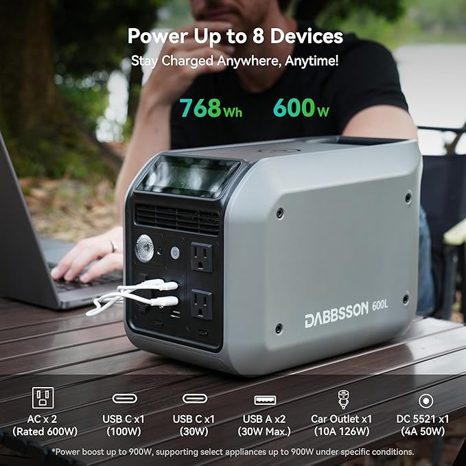 Dabbsson 600L Portable Power Station,768Wh 600W Solar Generator,Up to 900W AC Output,1.5X Extended Runtime,Recharge 100% in 1.6 Hrs,Semi-Solid LiFePO4,EPS,100W USB-C,for Camping RV Home