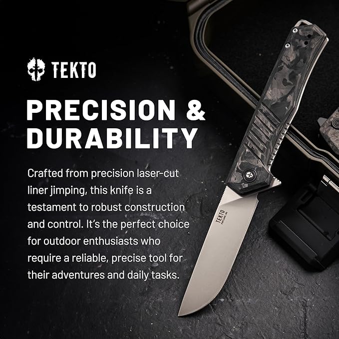 KNIVES F1 Alpha Folding Pocket Knife - Modified Straight Back Blade, Titanium Coated D2 Steel, Ideal for Camping & Backpacking, Tactical Forged Carbon Fiber Handle, Silver Titanium Accents
