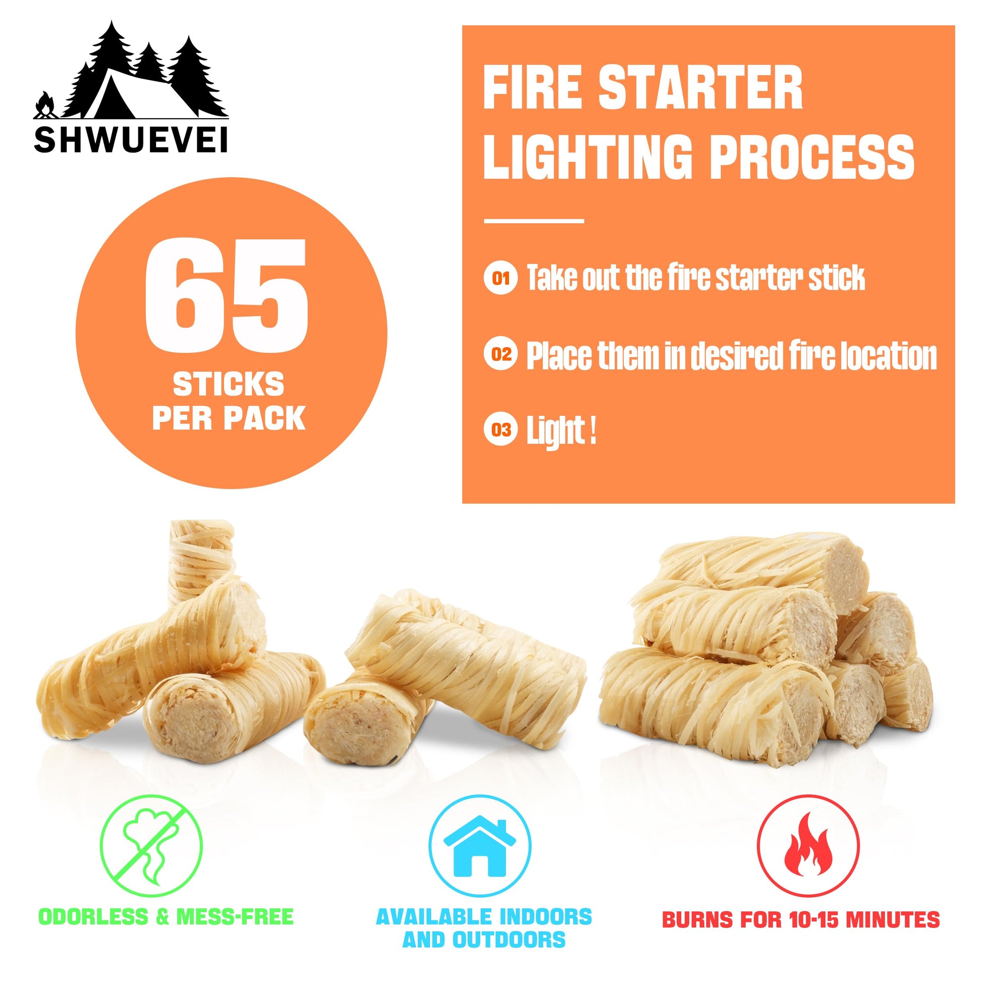 Shwuevei 65 pcs Fire Starter - Natural Fire Starters for Fireplace, Pellet Stove & Wood, Fire Pit