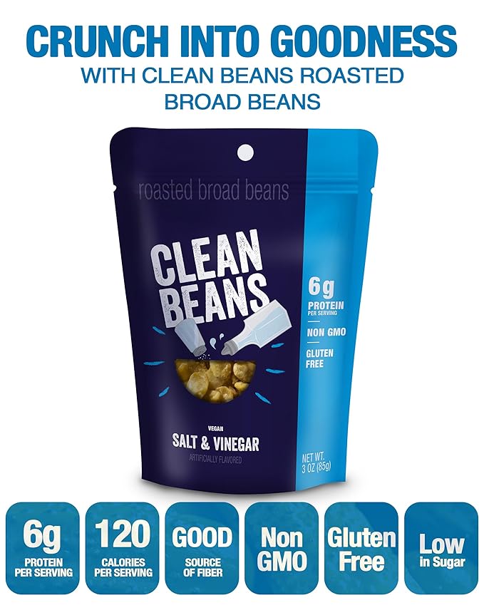 Clean Beans Broad Fava Beans Snack - Salt & Vinegar Flavor, 6g Protein, Low Sugar, Non-GMO, Non-Gluten - On The Go Office Snack - Nutraphase, 85g x 6-Count