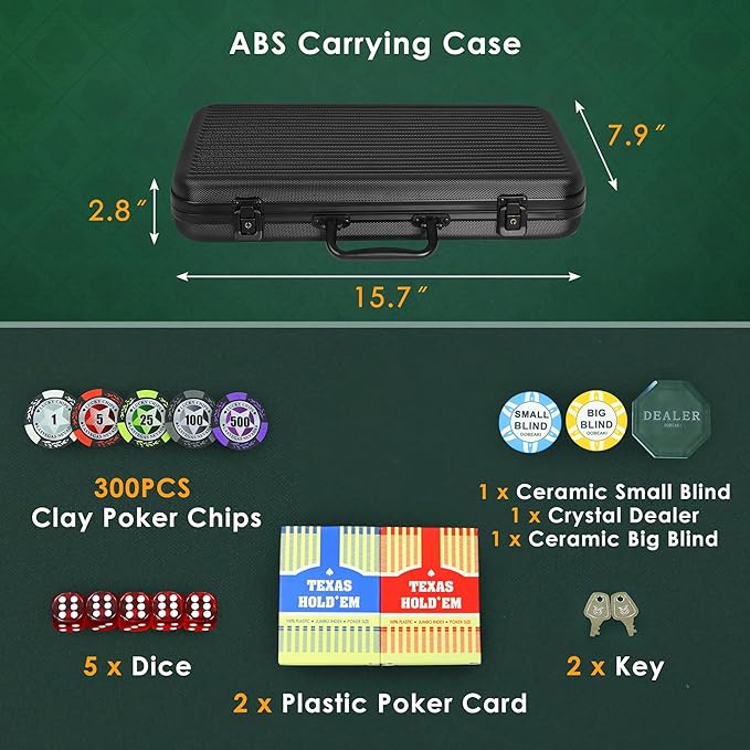 ORIENGEAR Poker Chip Set with Denominations, 300 PCS 14 Gram Clay Composite Casino Chips with ABS Case & 2 Decks of Plastic Cards, for Texas Holdem Blackjack Gambling Games