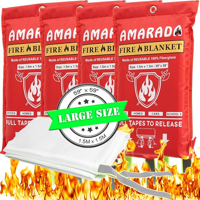 | 4 Pack Emergency Fire Blanket | Large Size 59"x 59" | Ideal for Kitchen, Schools, Offices, Cars, Camping, BBQ, Outdoor Activities