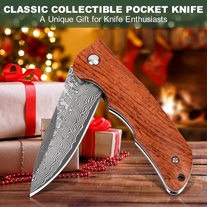 AUBEY Damascus Pocket Knife with VG10 Core, Wooden Handle, EDC Folding Knives for Men Outdoor Camping Collection Gift