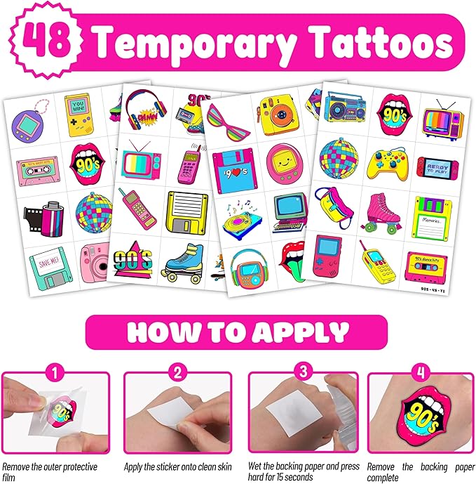 72PCS 90s & 80s Party Favors - 48PCS Pre-Cut Tattoos & 24PCS Slap Bracelets, Retro 90s Birthday Party Supplies Decorations, Ideal for Kids’ Classroom Prizes & Rewards for Boys & Girls