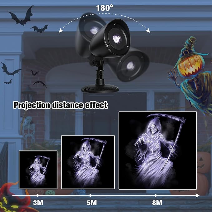 Halloween Projector Lights Outdoor Indoor - 3D Dynamic White Reaper Projector Decorations Lights with Timer, Waterproof Halloween Light for Wall, Window, Ground, Roof, Cemetery, Holiday Decor