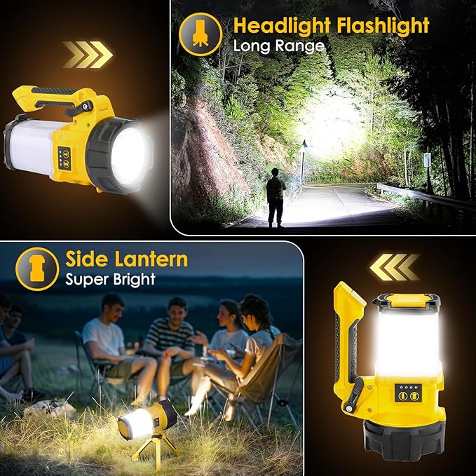 Tripod Rechargeable Camping Lantern, 6 Modes LED Flashlight Handheld Spotlight with 4000LM, 4400mAh Power Bank, IPX4 Waterproof Searchlight Work Light for Emergency Hiking Survival Kit - Yellow