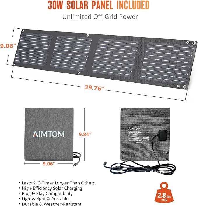 AIMTOM 155Wh Portable Power Station with 30W Solar Panel ??150W Peak/110V AC, 18W USB-C, 2x USB-A & 12V DC ??Solar Generator for Camping, Home, RV, Travel & Emergencies