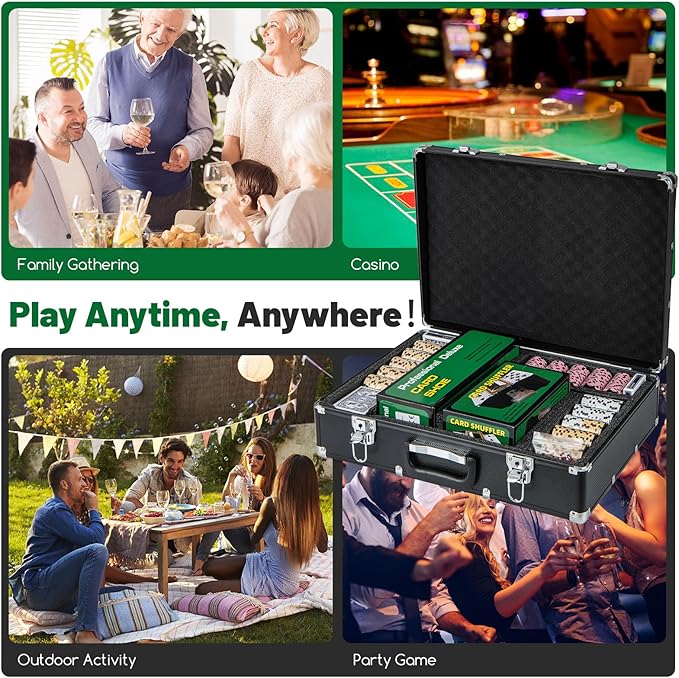 GYMAX Poker Chips Set, 600 PCS Texas Hold 'em Casino Chip Set w/Carrying Case, 6 Decks of Cards, 5 Dices & 3 Dealer Buttons, Poker Felt, Card Shuffler, Card Shoe, for Blackjack Gambling (600 PCS)