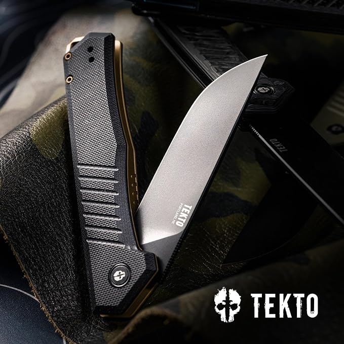 F1 Alpha Folding Pocket Knife - Modified Straight Back Blade, Titanium Coated D2 Steel, Ideal for Outdoor Camping and Backpacking, Tactical G10 Black Handle, Bronze Titanium Accents