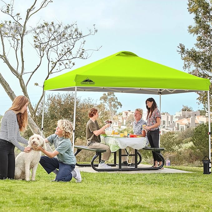 EAGLE PEAK Pop Up Canopy Tent with Wheeled Carry Bag, 8 Stakes, 4 Ropes, 4 Weight Bags, Easy Set Up Tent Canopy, 10x10 ft, 100sqft of Shade, Neon Green