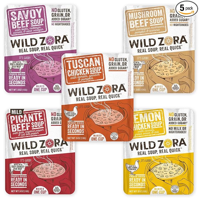 Wild Zora Instant Keto-Friendly Soups 5-Pack Variety, Broth Made with Grass-Fed Beef, Free-Range Chicken, and Vegetables, Gluten-Free, Low Carb, No Added Sugar, Flavorful Pantry Staples - 0.5oz/13g