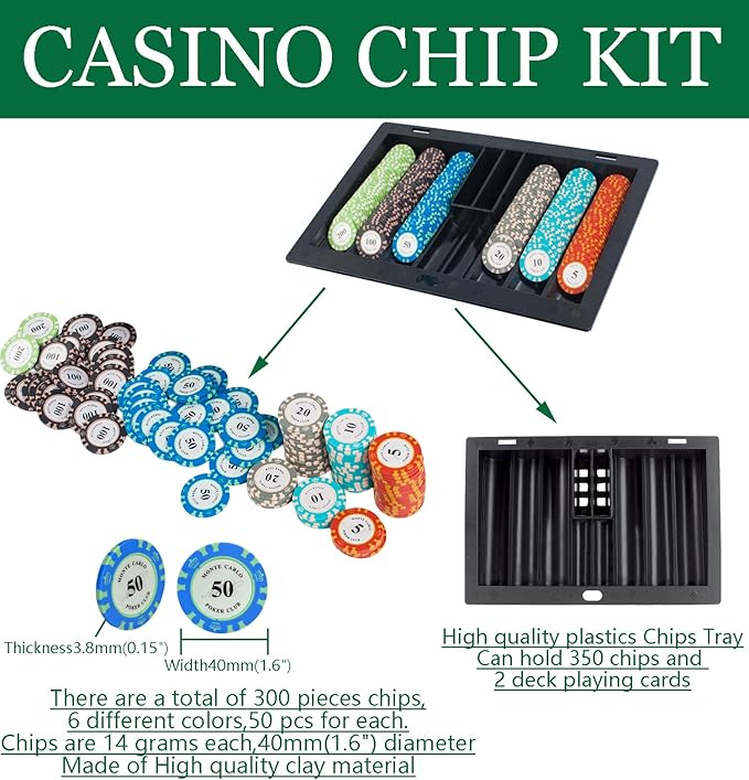 Ultimate Casino Game Set: 6 Deck Shuffler+300pc Hi-End Chips+8 Pro Plastic Poker Card+Card Shoe+Chip Rake+Felt+Accessories, Blackjack Set & Texas Holdem Kit, Poker Night Kit for Adult Casino Party