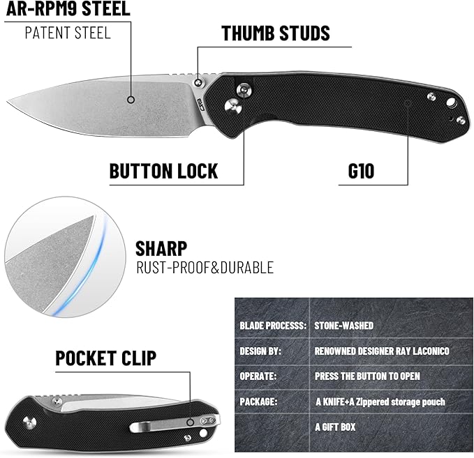 CJRB CUTLERY Pocket Knife Pyrite (J1925L) Button Lock EDC Large Foldable Knife AR-RPM9 Steel Blade and G10 Handle Black Outdoor for Women Men for Gifts