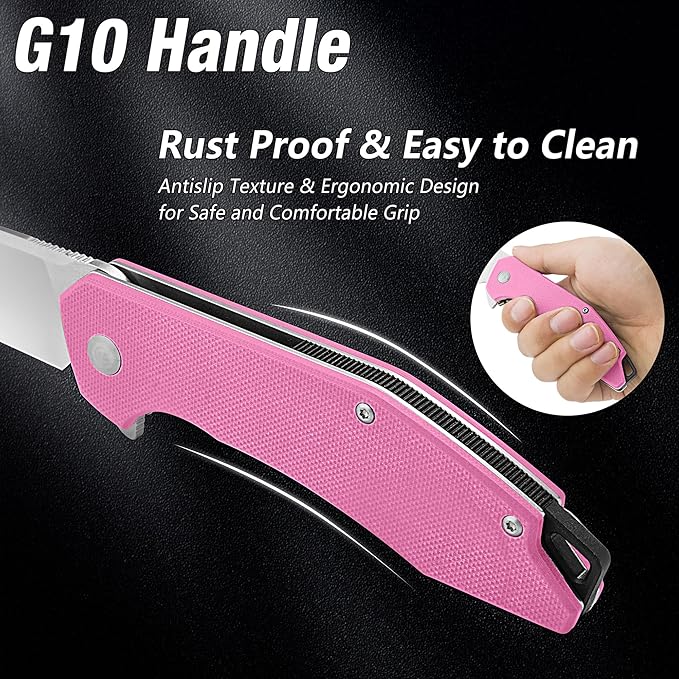 FLISSA Pocket Knife, Folding Tactical Knife with G10 Handle, D2 Blade, Liner Lock, Pocket Clip, EDC Knife for Hiking, Camping, Survival, Indoor and Outdoor Activities(Pink)
