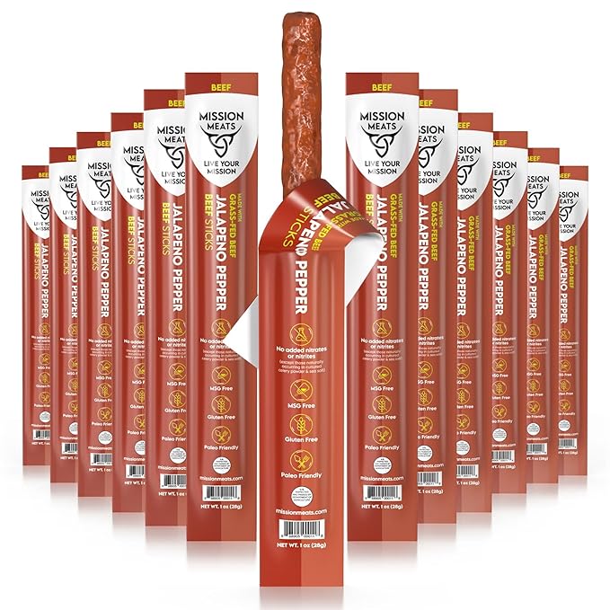 Mission Meats Beef Sticks – 100% Grass Fed & Pasture Raised, Sugar Free, Individually Wrapped Healthy Snacks, Whole 30 & Paleo Friendly, Jalapeno 1oz (Pack of 12)