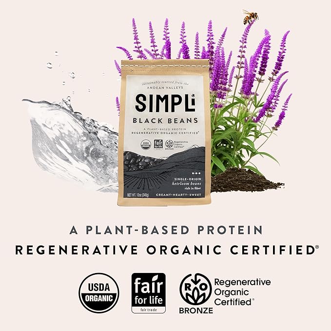 SIMPLi Regenerative Organic Certified Black Beans, Creamy and Rich Flavor, Immune-Boosting Vitamin C, Slow-Digesting Carbs, USDA Organic, 12 oz