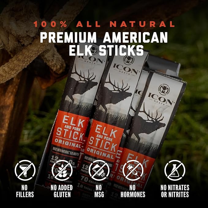 ICON Meats Elk and Pork Snack Sticks - Original Flavor - 24 Pack of Individually Wrapped Jerky Meat Sticks, USDA Approved, All Natural, Diet Friendly, High Protein, Low Calorie, Sugar Free