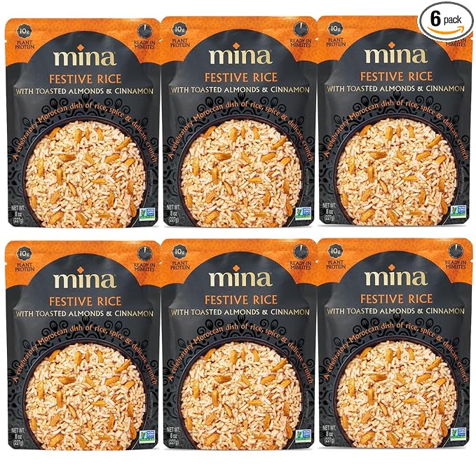 Mina Festive Rice, With Toasted Almonds & Cinnamon, Ready to Eat, Brown Rice, Side Dishes, Microwave Rice, Vegan Protein, Non-GMO, Gluten-Free, Kosher, 8 oz (Pack of 6)