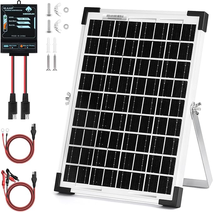 MEGSUN 10W Solar Panel Battery Trickle Charger & Maintainer with 12A Upgraded Solar Panel Controller, 12V Monocrystalline Waterproof Solar Trickle Charging Kit for Car RV Boat Motorcycle