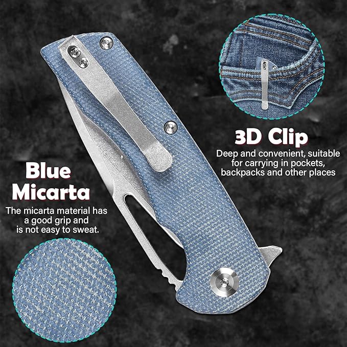 KANSEPT Kryo Pocket Knife 8.08in Folding Knives with 3.58in12C28N Steel Drop Point Blade and Blue Micarta Handle for Outdoor, Tactical, Survival and EDC T1001M3