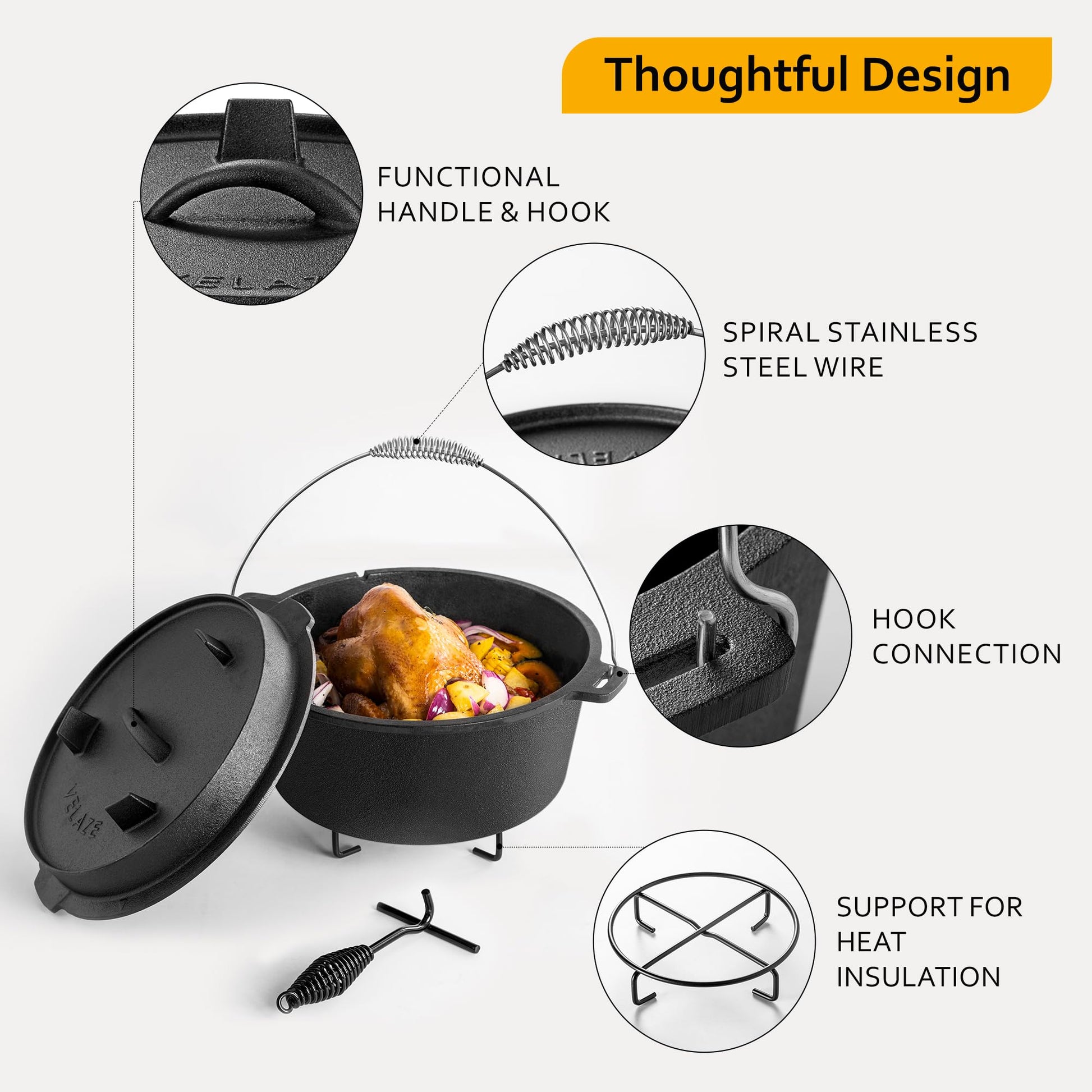 Velaze 10 QT Pre-Seasoned Cast Iron Camping Dutch Oven Pot with Lid