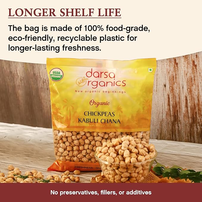 Darsa Organics Chickpeas (Garbanzo Beans) 2 lb | Kabuli Chana Dal | USDA Organic, Non-GMO, Kosher | Protein & Fiber Rich | Great for Hummus, Curries, Stews & Salads