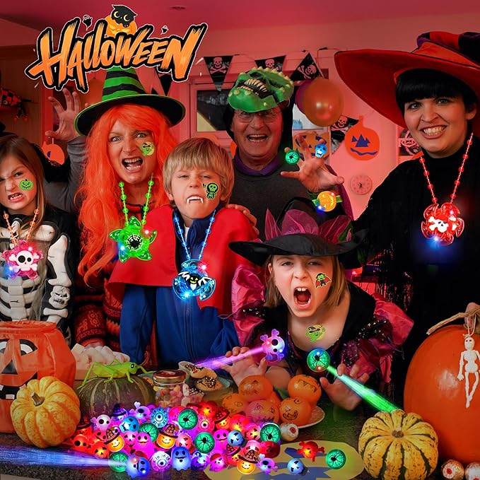 84 PCS Halloween Party Favors for Kids Boys Girls, Glow Light Up Necklace Bracelet LED Rings Bluk Halloween Toys for Trick or Treat, Halloween Goodie Bag Fillers Stuffers Treats Classroom Prizes Gift