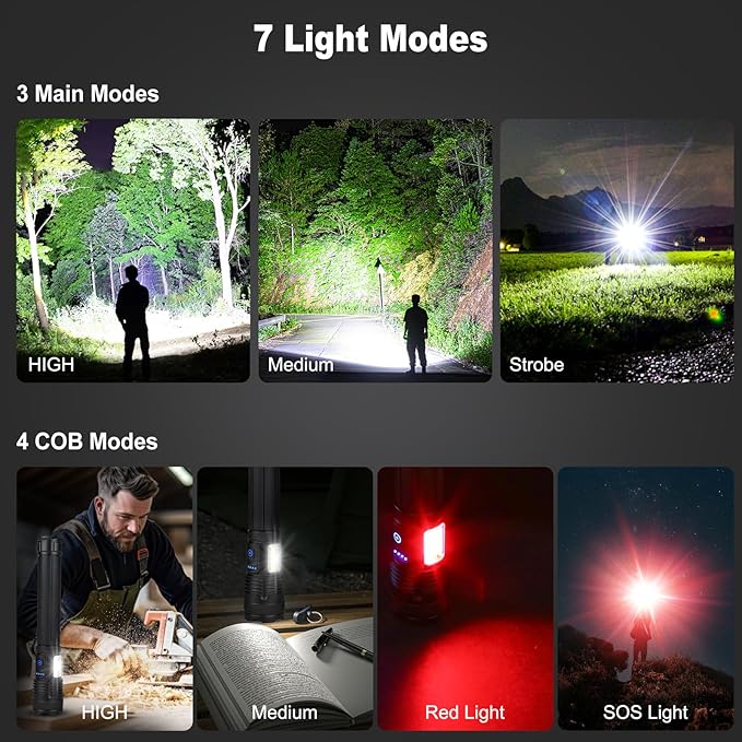 Rechargeable Flashlights 90000 High Lumen, 10000 ɱAh ?ATTERY LED Flashlight with Cob-Light for Home, Super Bright Flash Light 7 Modes, IPX7 Waterproof for Outdoor Camping