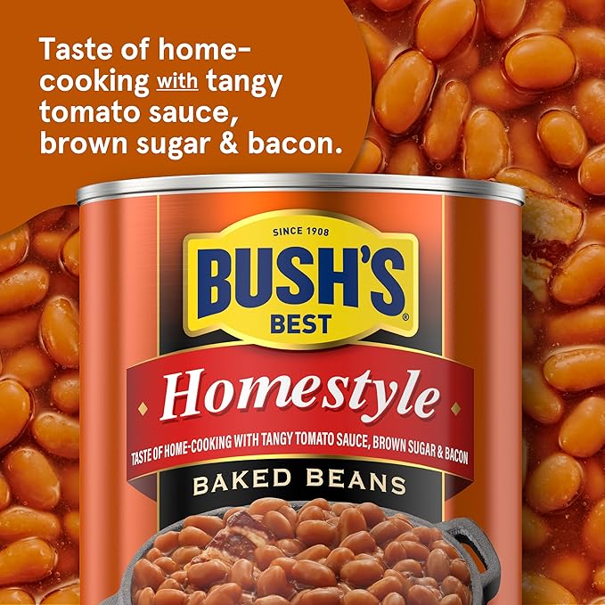 BUSH'S BEST 16 oz Canned Homestyle Baked Beans, Source of Plant Based Protein and Fiber, Low Fat, Gluten Free, (Pack of 12)