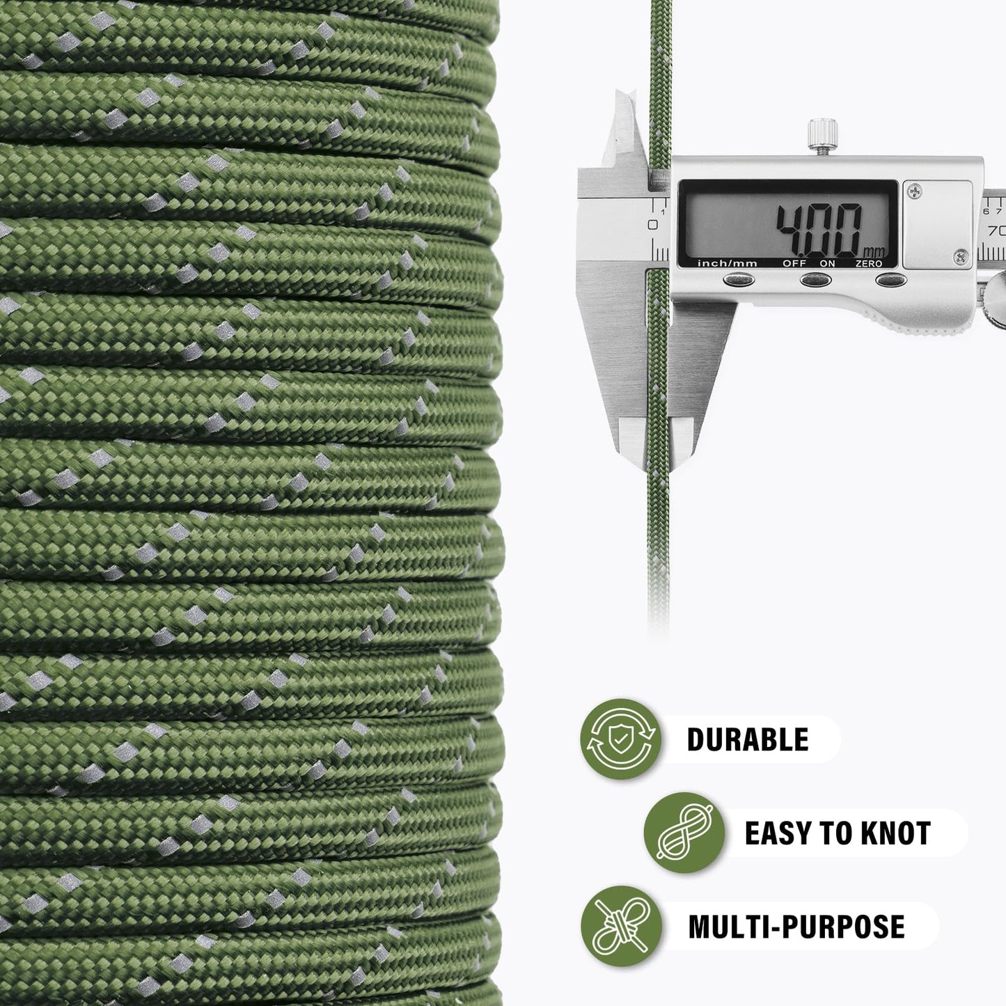 TRIBERION Reflective Paracord Rope 750 lb - 50ft 5/32" Parachute Cord 4MM 12-Strand para Cord