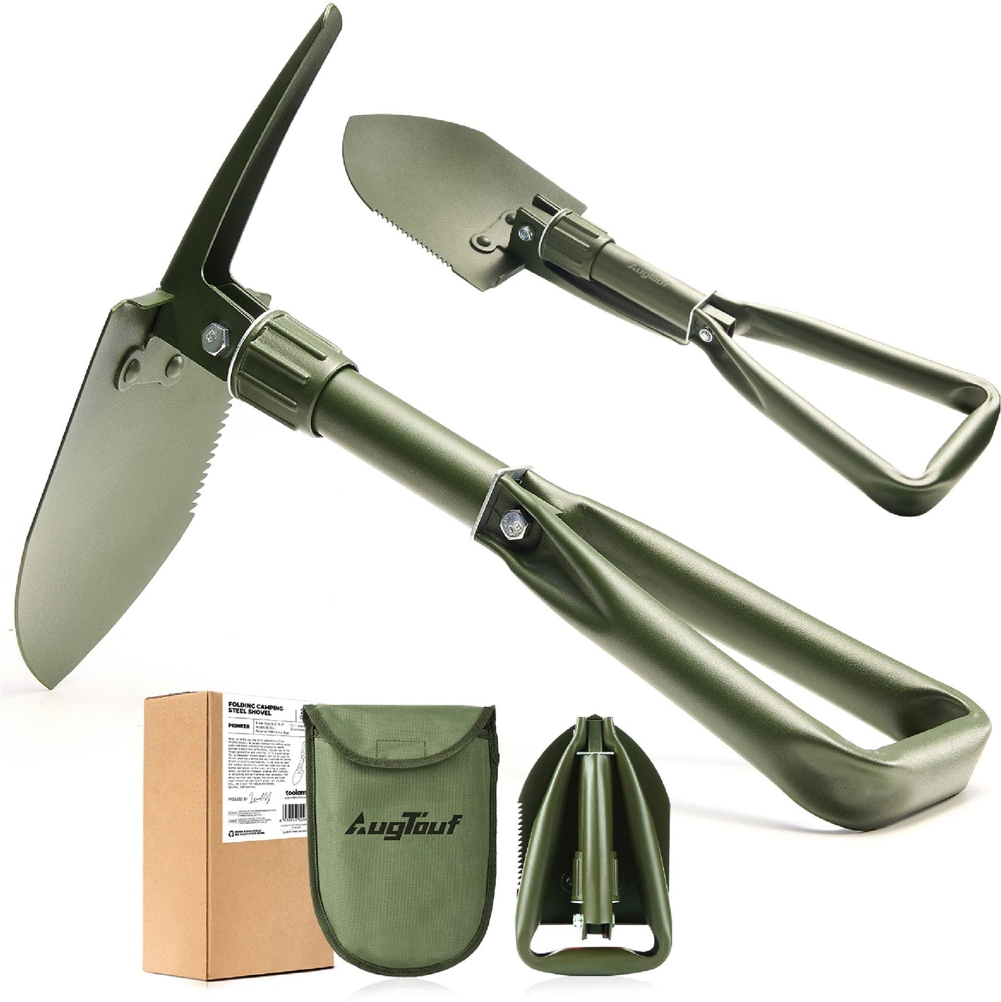 18'' Military Folding Camping Shovel, Offroad Survival High Carbon Steel Shovel (Olive) AugTouf by