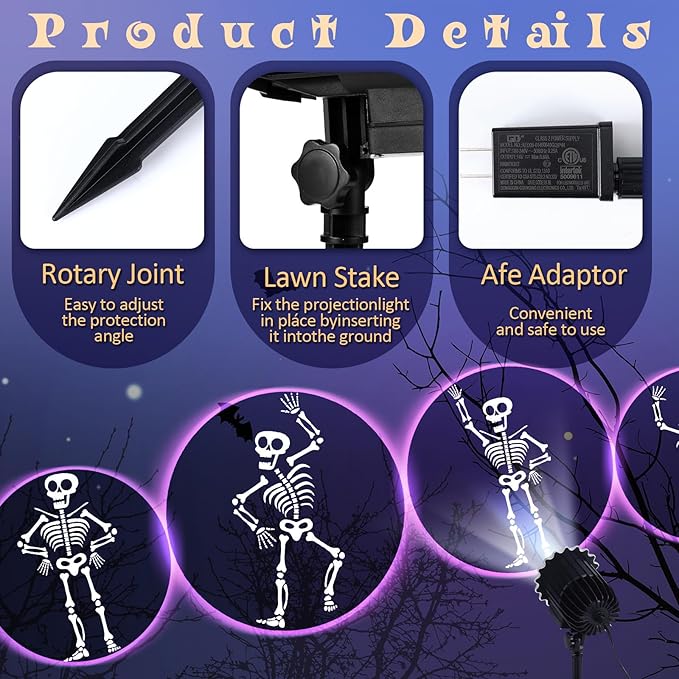 Halloween Projector Light with 1 Film Slides Holiday LED Projector Lights Outdoor Reflectors Waterproof Landscape Decorative Rotation Lighting Movement Projection Lamp(Dance Skeleton)