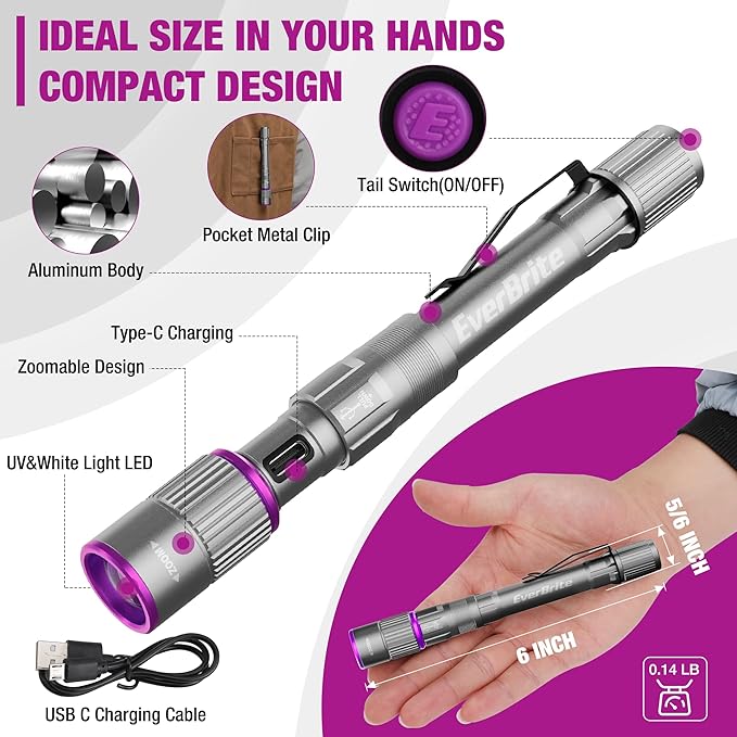 EverBrite Rechargeable Pen Flashlight with UV Light and White Light, 395nm Black Flashlight with Clip, Zoomable 4 Modes with Memory, USB C Cable, for Camping, Emergency, Pet Urine Detection,Grey