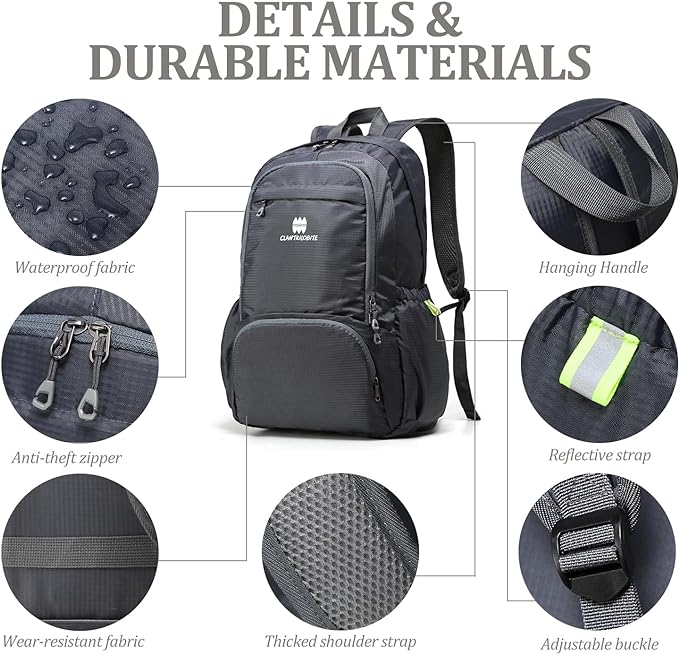 Lightweight Packable Travel Backpack, 30L Grey Daypack Hiking Backpack for Women Men, Waterproof and Foldable, Travel Backpack Carry on Flight Approved