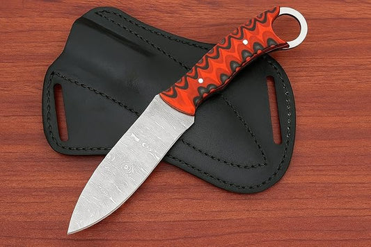 Fixed Blade Hunting Back Belt Tracker Knife Damascus Steel EDC Bushcraft Knives, Full Tang Scout Carry Knife with Leather Sheath, Ideal for Skinning Outdoor Camping, Hunting, Hiking, Survival Knives