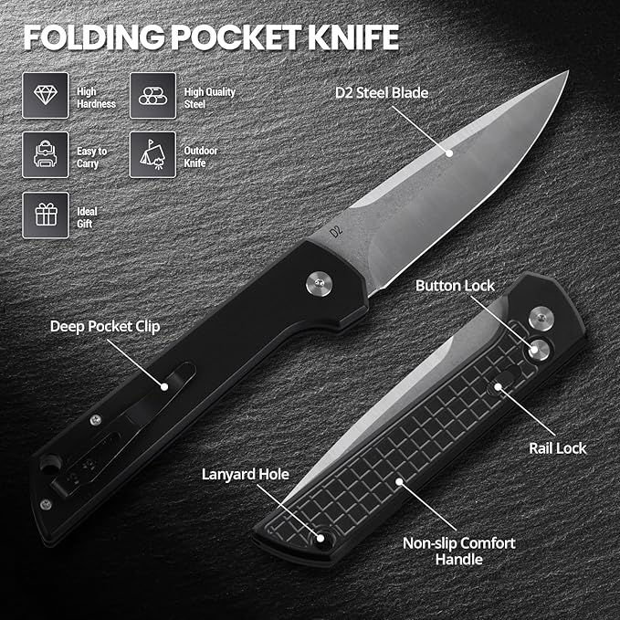 Pocket Knife for Men, Tactical Folding Knife with Clip, 3.94" D2 Steel Blade, Aluminum Handle, Safety CNC EDC Knives, Survival Gadgets Gifts for Men Women Camping Hiking Everyday Carry