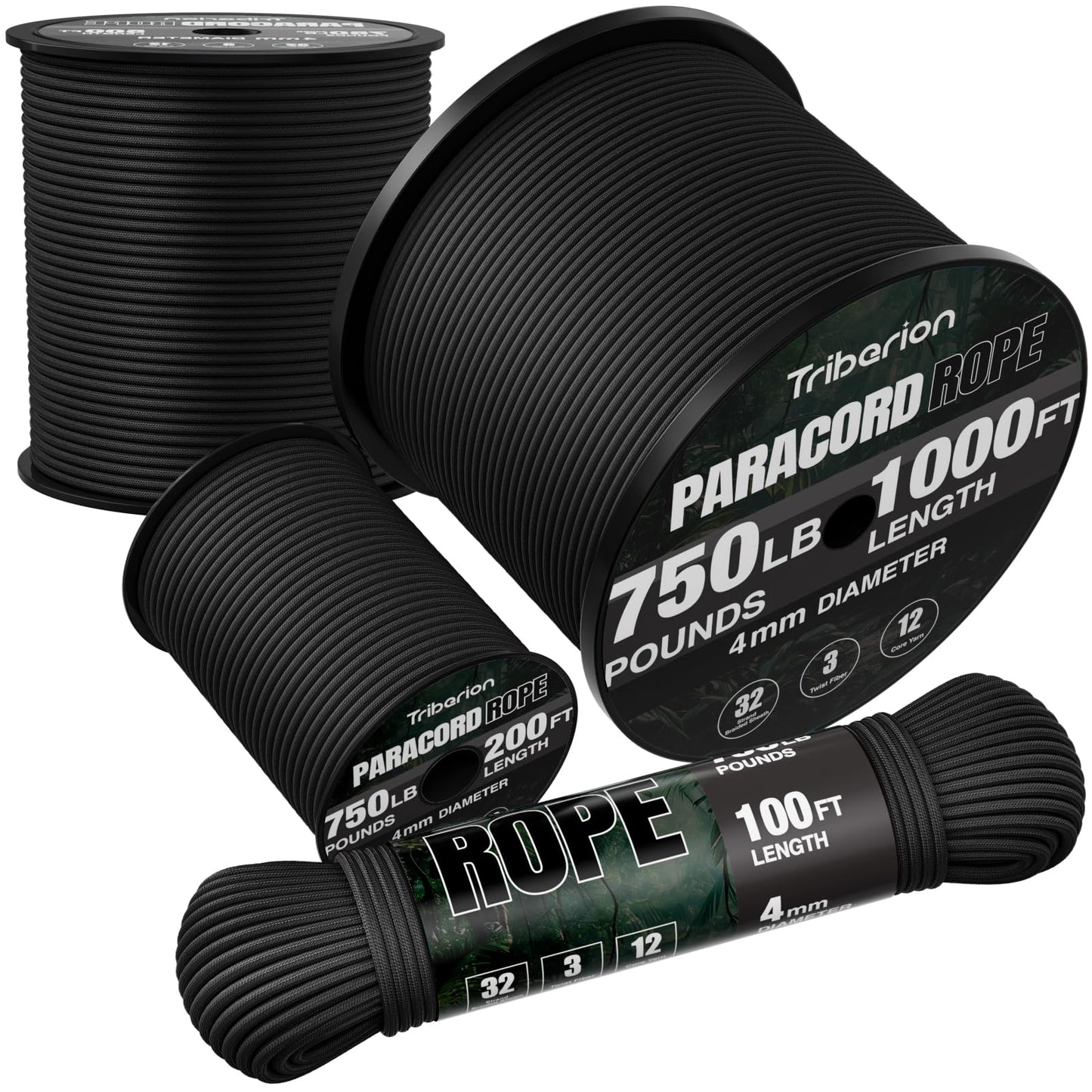 TRIBERION Paracord Rope 750 lb - 1000ft / 500ft / 200ft / 100ft 5/32" Parachute Cord 4MM 12-Strand