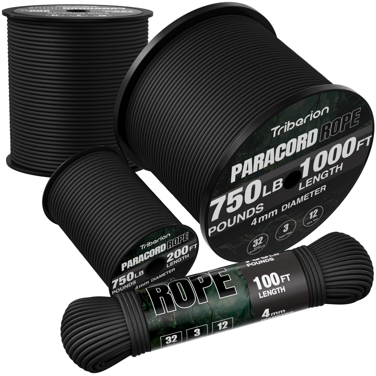 TRIBERION Paracord Rope 750 lb - 200ft 5/32" Parachute Cord 4MM 12-Strand para Cord - Heavy Duty