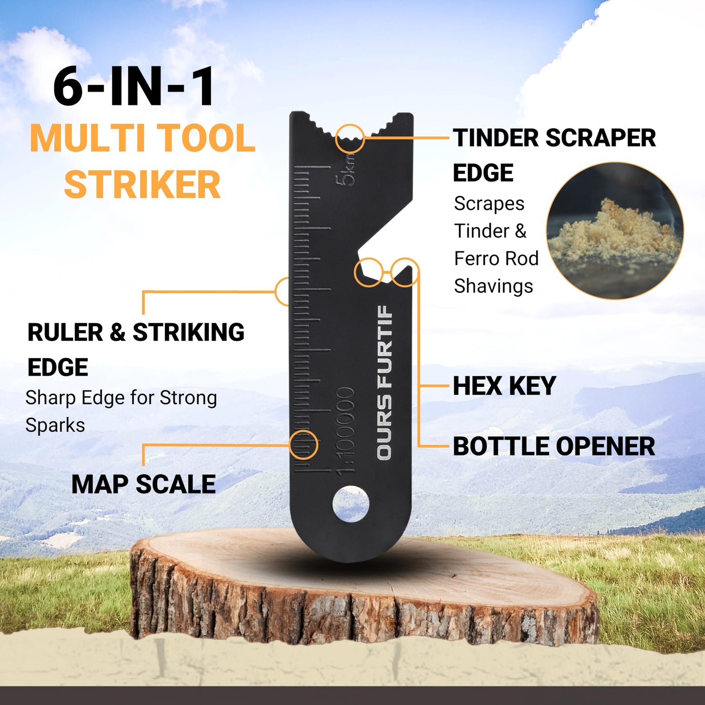 Ferro Rod Fire Starter Kit with Fatwood Tinder Stick - 3/8" Thick Ferrocerium Flint and Steel Fire