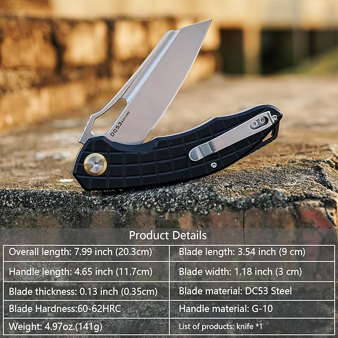 Folding Pocket Knife, 3.54" DC53 Steel Blade,4.65" G10 Handle, Liner Lock, Reversible Pocket Clip for Everyday Carry, Outdoor Activities. (Gray Stonewashed Blade)