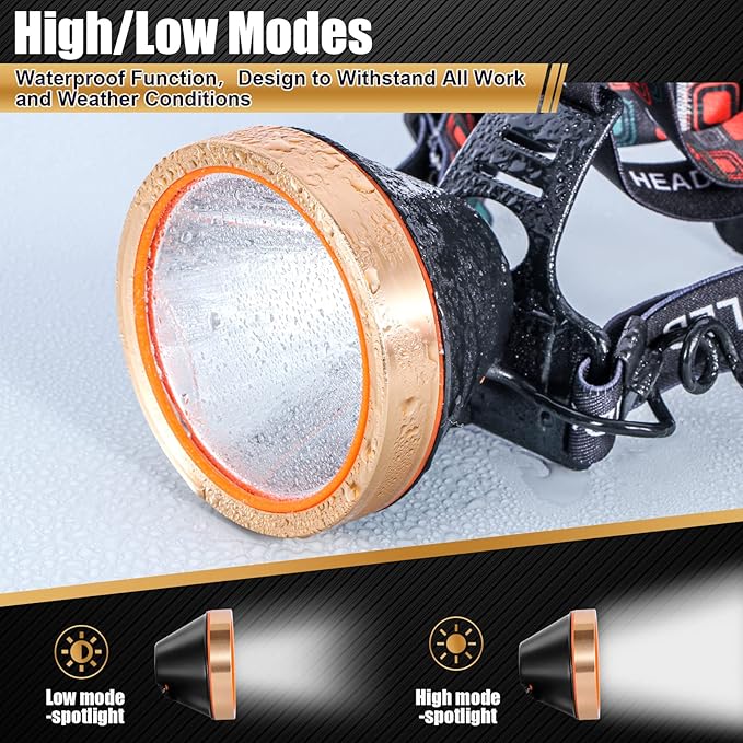 LED Rechargeable Headlamp, Super Bright Waterproof Headlight Spotlight, Hard Hat Flashlight for Coon Hunting, Fishing, Camping, Hiking, Dog Walking, Outdoor Running, Emergency Work Lighting