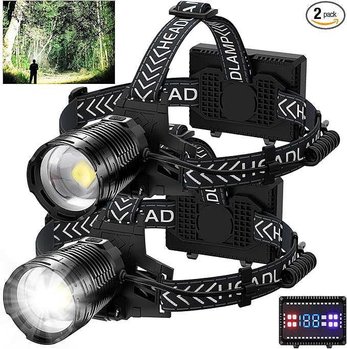 Cinlinso Headlamp Rechargeable, 2 Pack 99,000 Lumens Super Bright LED Head Lamp with 4 Modes, 90° Adjustable Head Lights for Forehead, IPX6 Waterproof HeadLamps for Adults Camping Hunting