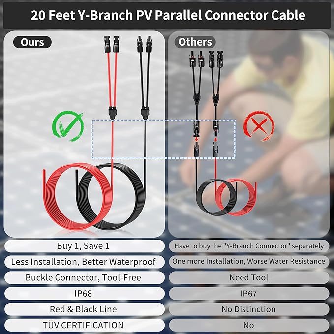 20FT 10AWG Solar Panel Extension Cable with Integrated Y Branch Parallel PV Adapter, 6mm² MC4 Solar Extension Cable with Extra Pair of Connectors and Spanners for Solar Panel (20FT Red+20FT Black)
