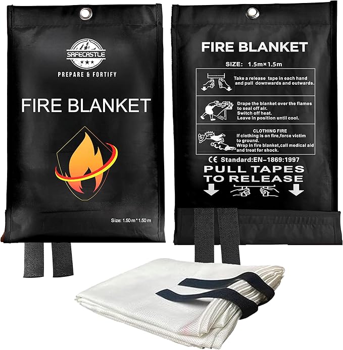 SAFECASTLE Emergency Fire Blanket 59"x59" Large Size, 1 Pack Fire Retardant Blanket with Fireproof Tabs for Home, Warehouse, Outdoor, Office, Car and Camping Fire Protection Survival Safety