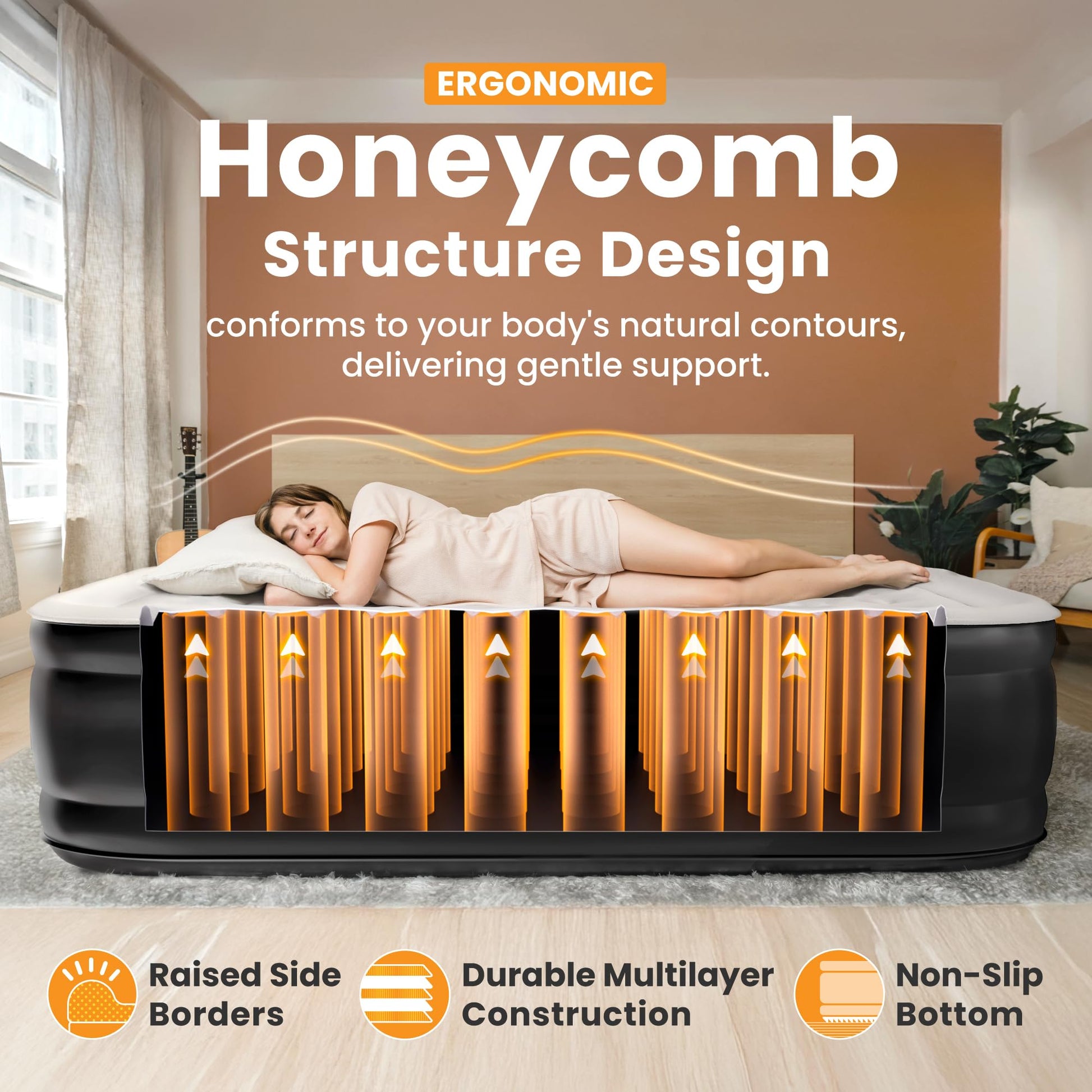 Dr. air Queen Air Mattress with Built-in Pump, 18" Raised Blow Up Mattress, 800 lbs Max Honeycomb
